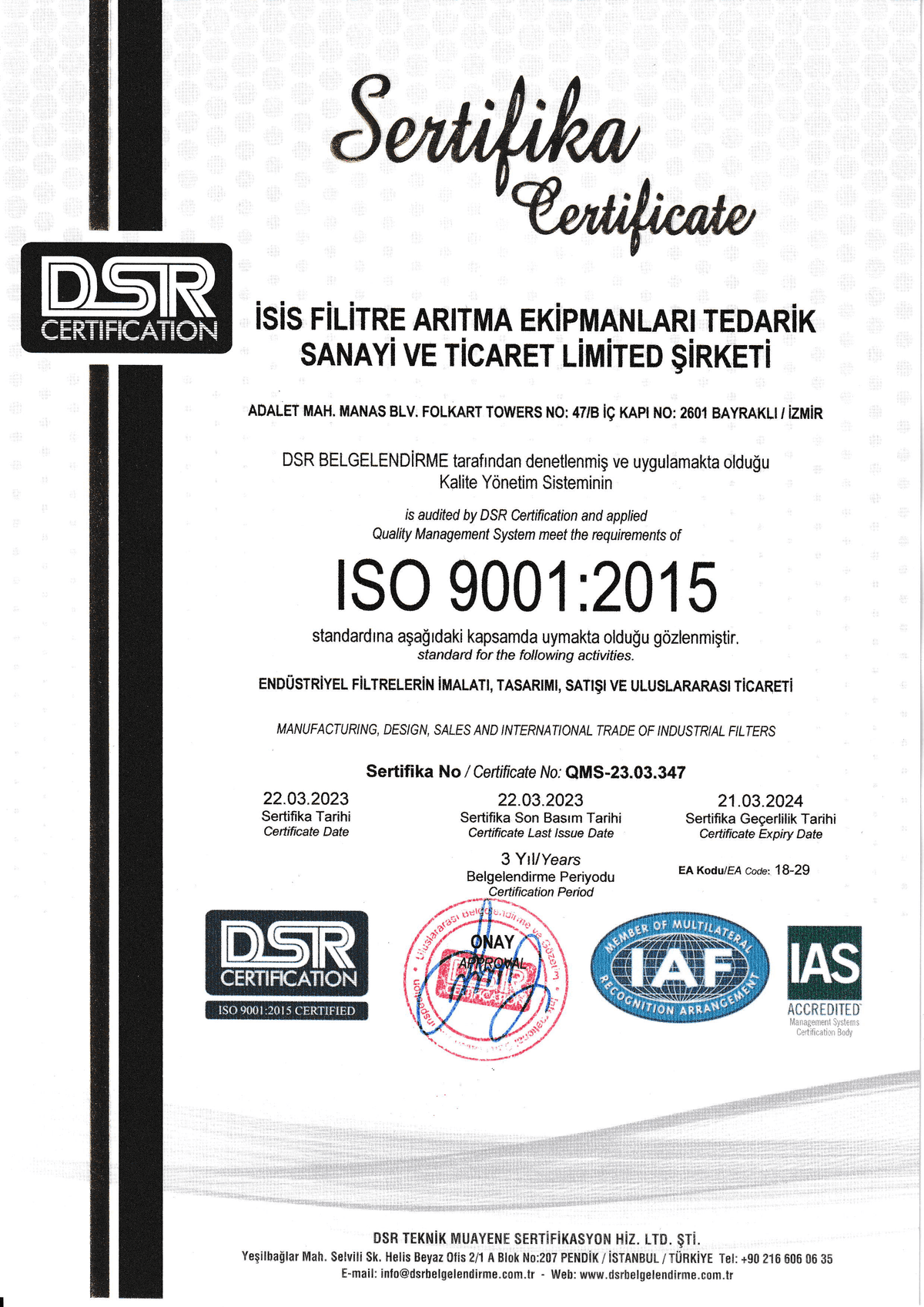 ISIS FİLTRE ISO 9001:2015 Sertifikası